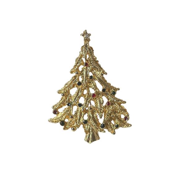 1980s Open Design Gold Plate Multi Colored Enamel Christmas Tree Xmas Pin Brooch - Picture 1 of 3